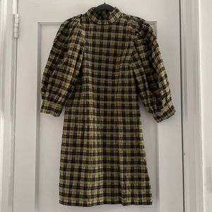 Ganni green and black plaid printed 3/4 sleeve mini dress